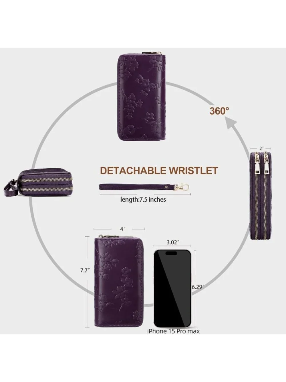 Large Capacity Vegan Leather RFID Blocking Double Zip Wristlet Wallet for Travel